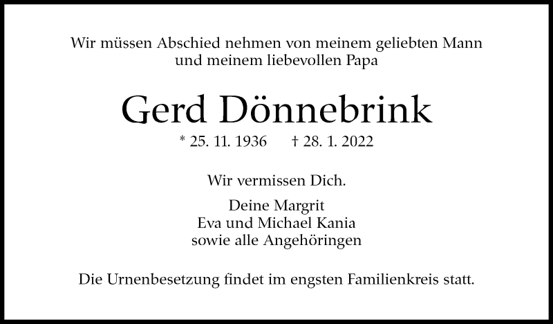 Traueranzeige für Gerd Dönnebrink vom 05.02.2022 aus Stuttgarter Zeitung / Stuttgarter Nachrichten