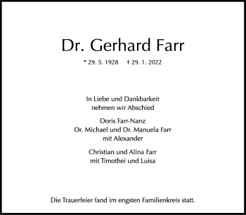 Traueranzeige von Gerhard Farr von Stuttgarter Zeitung / Stuttgarter Nachrichten