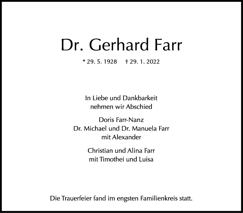  Traueranzeige für Gerhard Farr vom 10.02.2022 aus Stuttgarter Zeitung / Stuttgarter Nachrichten