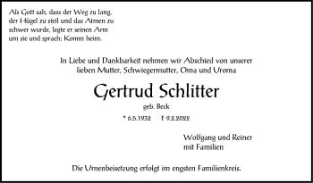 Traueranzeige von Gertrud Schlitter von Stuttgarter Zeitung / Stuttgarter Nachrichten