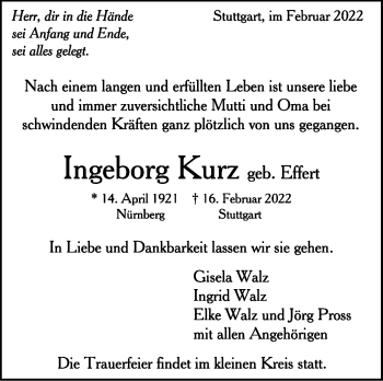 Traueranzeige von Gisela Kurz von Stuttgarter Zeitung / Stuttgarter Nachrichten