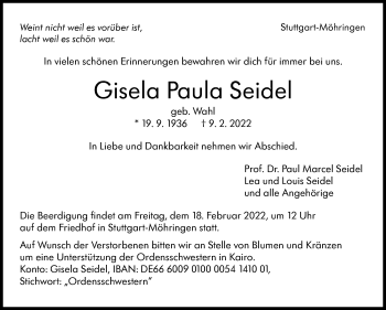 Traueranzeige von Gisela Paula Seidel von Stuttgarter Zeitung / Stuttgarter Nachrichten