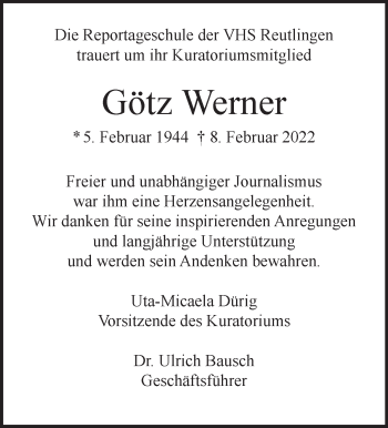 Traueranzeige von Götz Werner von Stuttgarter Zeitung / Stuttgarter Nachrichten