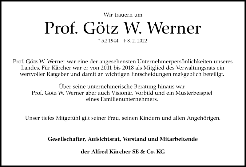  Traueranzeige für Götz W. Werner vom 15.02.2022 aus Stuttgarter Zeitung / Stuttgarter Nachrichten