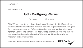Traueranzeige von Götz Wolfgang Werner von Stuttgarter Zeitung / Stuttgarter Nachrichten