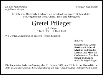 Traueranzeige von Gretel Pflieger von Stuttgarter Zeitung / Stuttgarter Nachrichten