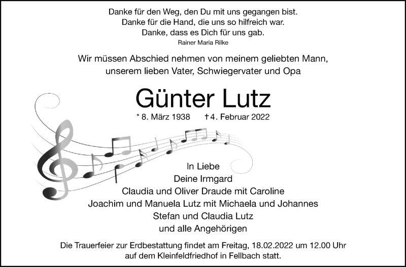  Traueranzeige für Günter Lutz vom 12.02.2022 aus Stuttgarter Zeitung / Stuttgarter Nachrichten