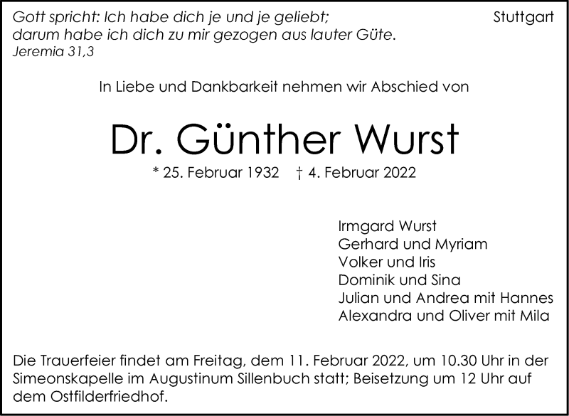  Traueranzeige für Günther Wurst vom 08.02.2022 aus Stuttgarter Zeitung / Stuttgarter Nachrichten