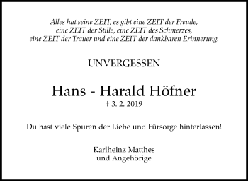 Traueranzeige von Hans-Harald Höfner von Stuttgarter Zeitung / Stuttgarter Nachrichten