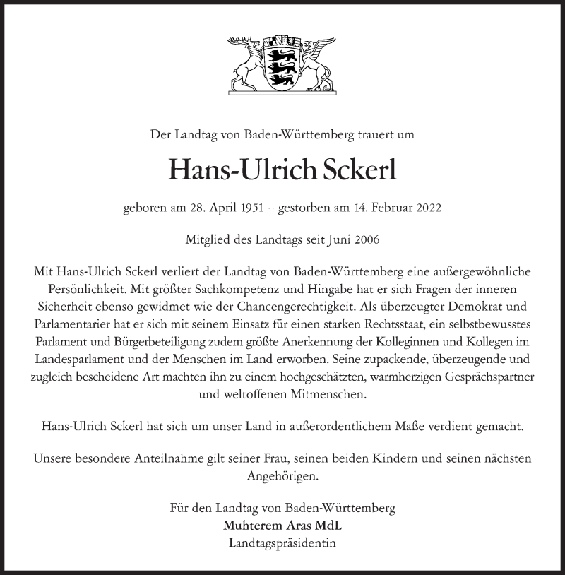  Traueranzeige für Hans-Ulrich Sckerl vom 19.02.2022 aus Stuttgarter Zeitung / Stuttgarter Nachrichten