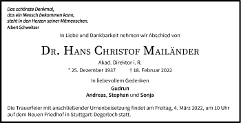 Traueranzeige von Hans Christof Mailänder von Stuttgarter Zeitung / Stuttgarter Nachrichten