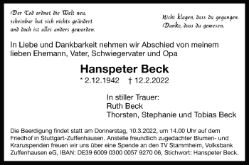 Traueranzeige von Hanspeter Beck von Stuttgarter Zeitung / Stuttgarter Nachrichten