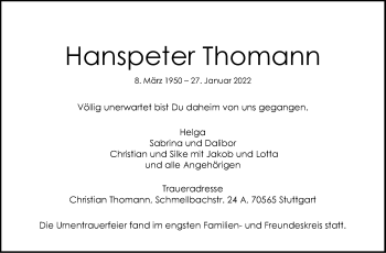 Traueranzeige von Hanspeter Thomann von Stuttgarter Zeitung / Stuttgarter Nachrichten