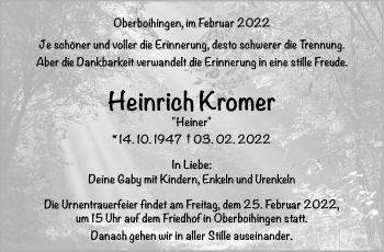 Traueranzeige von Heinrieh Kromer von Stuttgarter Zeitung / Stuttgarter Nachrichten