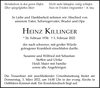 Traueranzeige von Heinz Killinger von Stuttgarter Zeitung / Stuttgarter Nachrichten