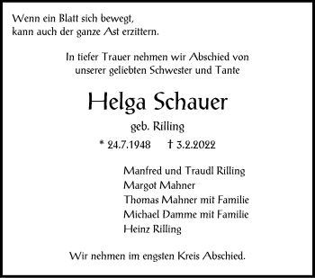 Traueranzeige von Helga Schauer von Stuttgarter Zeitung / Stuttgarter Nachrichten