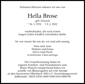 Traueranzeige von Hella Brose von Stuttgarter Zeitung / Stuttgarter Nachrichten