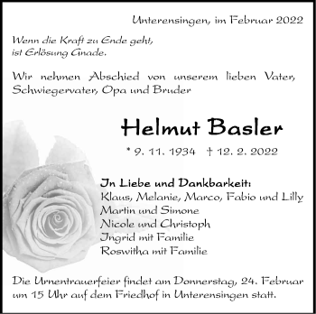 Traueranzeige von Helmut Basler von Stuttgarter Zeitung / Stuttgarter Nachrichten