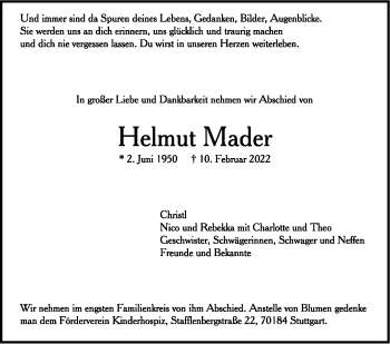 Traueranzeige von Helmut Mader von Stuttgarter Zeitung / Stuttgarter Nachrichten