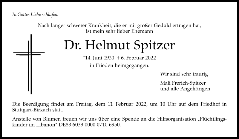  Traueranzeige für Helmut Spitzer vom 09.02.2022 aus Stuttgarter Zeitung / Stuttgarter Nachrichten