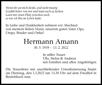 Traueranzeige von Hermann Amann von Stuttgarter Zeitung / Stuttgarter Nachrichten
