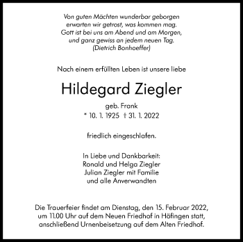 Traueranzeige von Hildegard Ziegler von Stuttgarter Zeitung / Stuttgarter Nachrichten