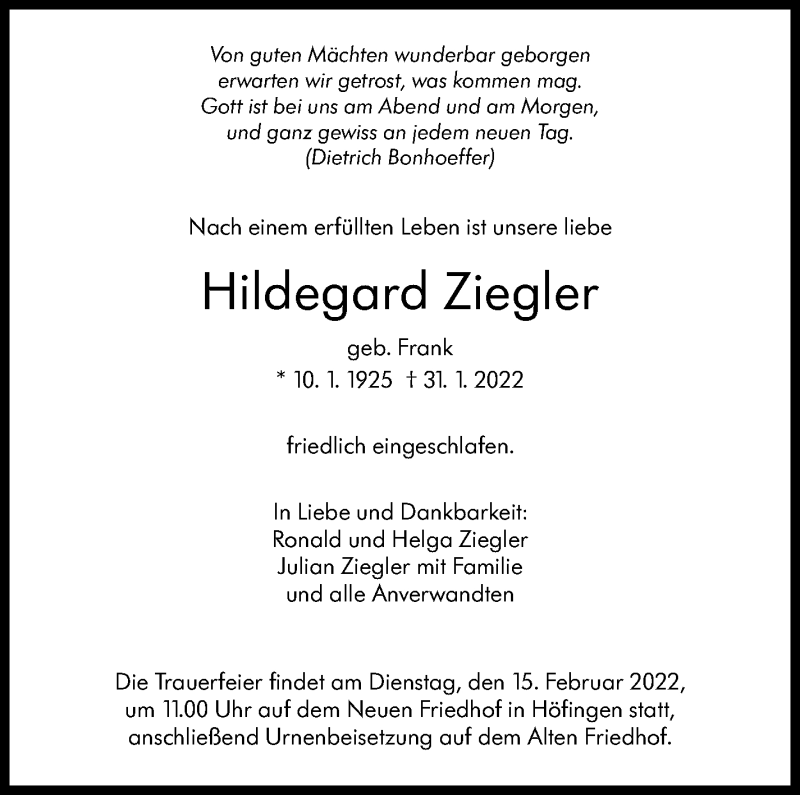  Traueranzeige für Hildegard Ziegler vom 05.02.2022 aus Stuttgarter Zeitung / Stuttgarter Nachrichten