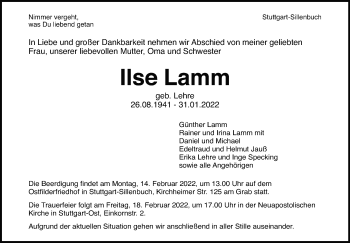 Traueranzeige von Ilse Lamm von Stuttgarter Zeitung / Stuttgarter Nachrichten