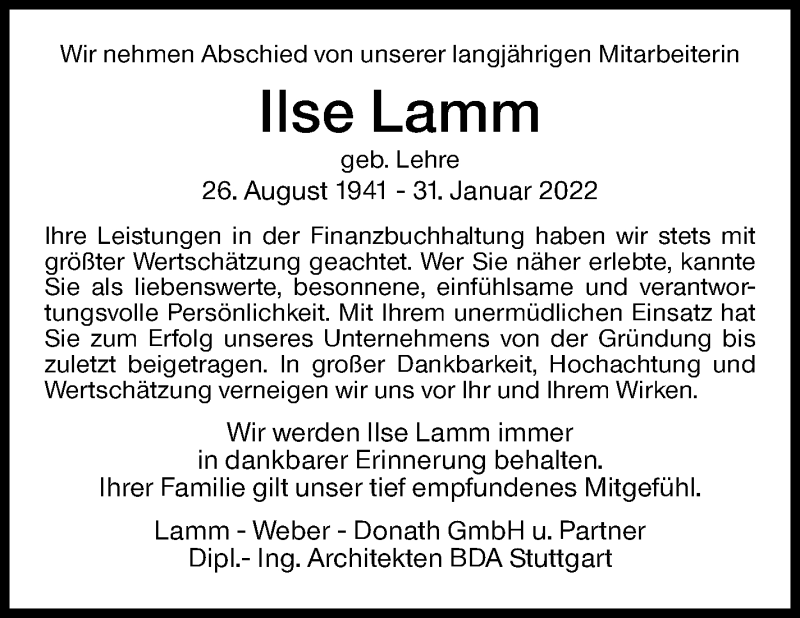  Traueranzeige für Ilse Lamm vom 12.02.2022 aus Stuttgarter Zeitung / Stuttgarter Nachrichten