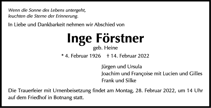  Traueranzeige für Inge Förstner vom 23.02.2022 aus Stuttgarter Zeitung / Stuttgarter Nachrichten