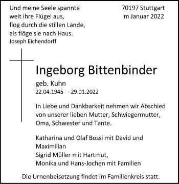Traueranzeige von Ingeborg Bittenbinder von Stuttgarter Zeitung / Stuttgarter Nachrichten