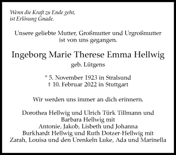 Traueranzeige von Ingeborg Marie Therese Emma Hellwig von Stuttgarter Zeitung / Stuttgarter Nachrichten