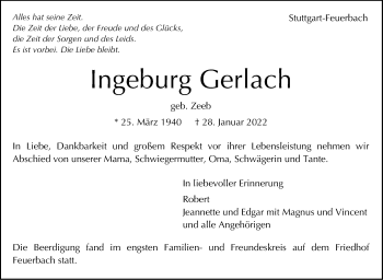 Traueranzeige von Ingeburg Gerlach von Stuttgarter Zeitung / Stuttgarter Nachrichten
