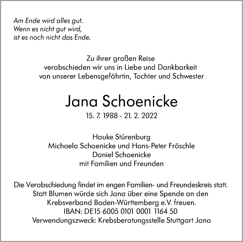  Traueranzeige für Jana Schoenicke vom 26.02.2022 aus Stuttgarter Zeitung / Stuttgarter Nachrichten