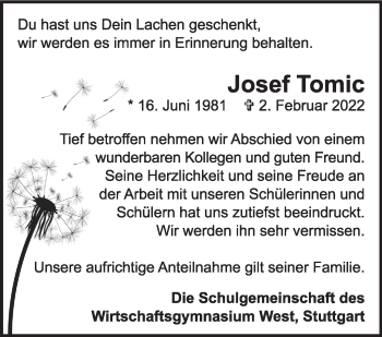 Traueranzeige von Josef Tomic von Stuttgarter Zeitung / Stuttgarter Nachrichten