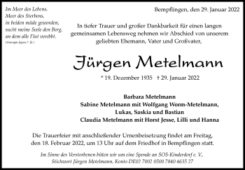 Traueranzeige von Jürgen Metelmann von Stuttgarter Zeitung / Stuttgarter Nachrichten