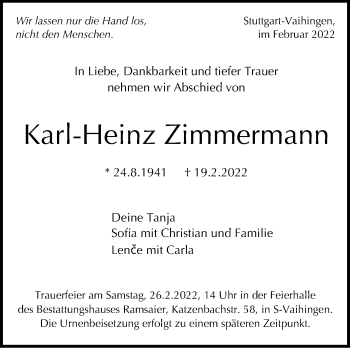 Traueranzeige von Karl-Heinz Zimmermann von Stuttgarter Zeitung / Stuttgarter Nachrichten