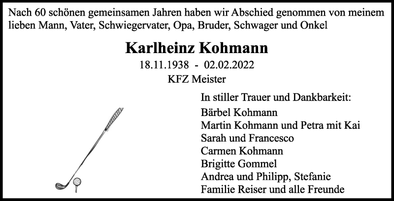  Traueranzeige für Karlheinz Kohmann vom 11.02.2022 aus Stuttgarter Zeitung / Stuttgarter Nachrichten
