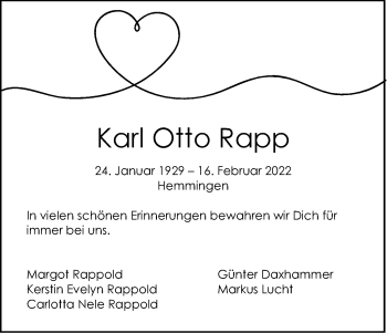Traueranzeige von Karl Otto Rapp von Stuttgarter Zeitung / Stuttgarter Nachrichten