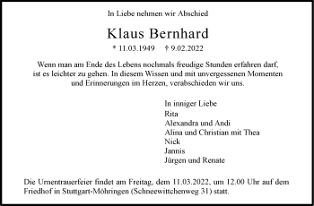 Traueranzeige von Klaus Bernhard von Stuttgarter Zeitung / Stuttgarter Nachrichten
