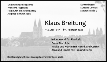Traueranzeige von Klaus Breitung von Stuttgarter Zeitung / Stuttgarter Nachrichten