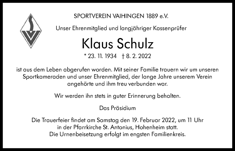  Traueranzeige für Klaus Schulz vom 17.02.2022 aus Stuttgarter Zeitung / Stuttgarter Nachrichten