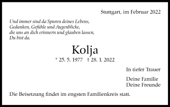 Traueranzeige von Kolja Freunde von Stuttgarter Zeitung / Stuttgarter Nachrichten