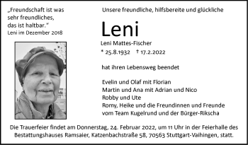 Traueranzeige von Leni Mattes-Fischer von Stuttgarter Zeitung / Stuttgarter Nachrichten