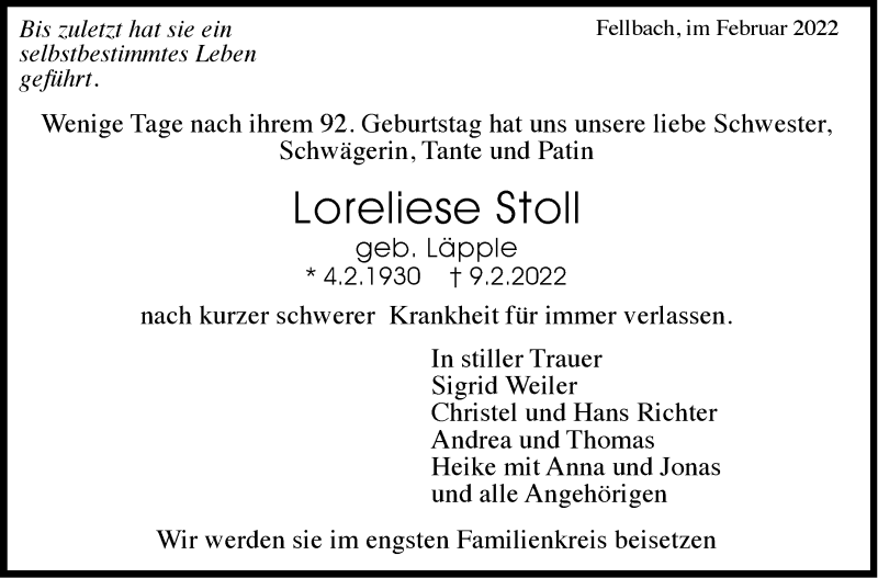  Traueranzeige für Loreliese Stoll vom 12.02.2022 aus Stuttgarter Zeitung / Stuttgarter Nachrichten