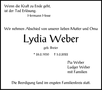 Traueranzeige von Lydia Weber von Stuttgarter Zeitung / Stuttgarter Nachrichten