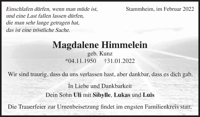  Traueranzeige für Magdalene Himmelein vom 09.02.2022 aus Stuttgarter Zeitung / Stuttgarter Nachrichten