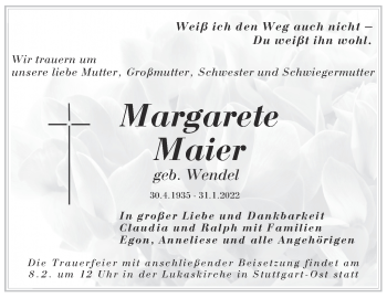 Traueranzeige von Margarete Maier von Stuttgarter Zeitung / Stuttgarter Nachrichten
