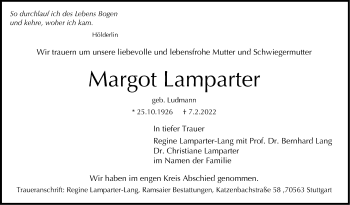 Traueranzeige von Margot Lamparter von Stuttgarter Zeitung / Stuttgarter Nachrichten