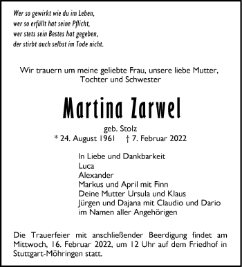 Traueranzeige von Martina Zarwel von Stuttgarter Zeitung / Stuttgarter Nachrichten